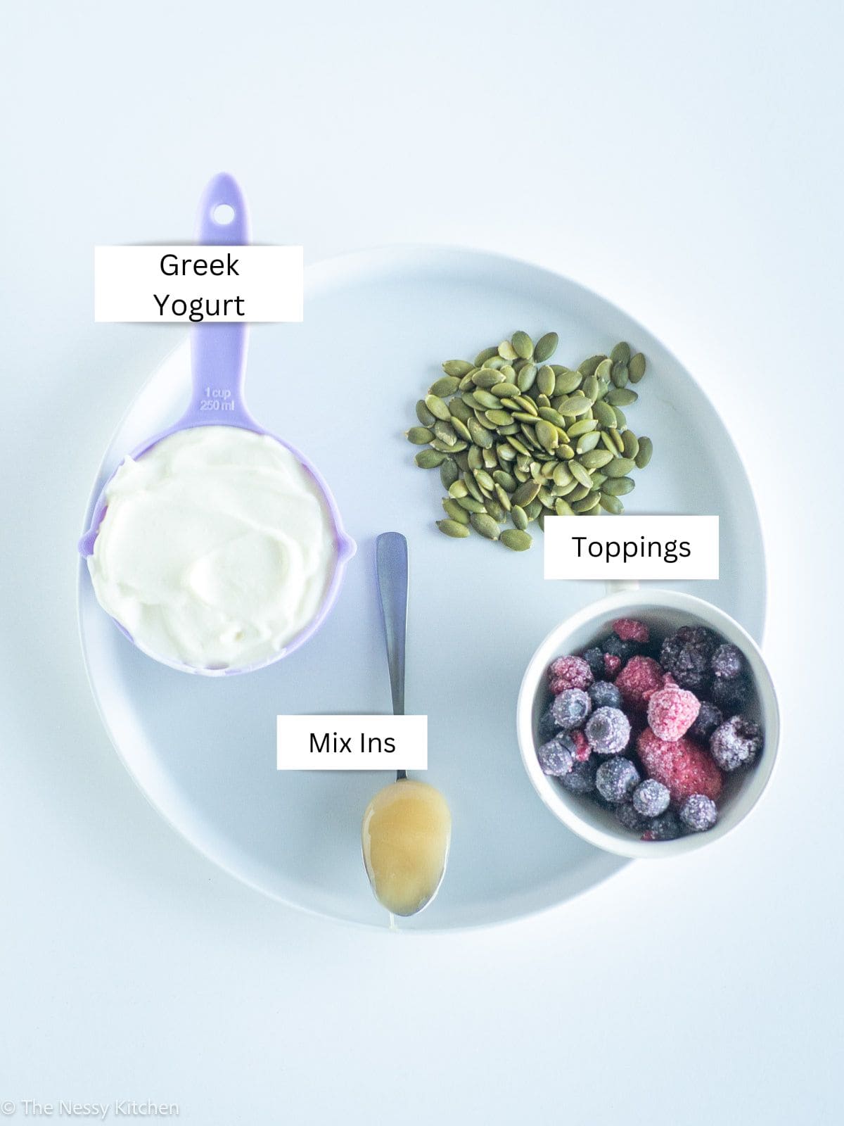 Yogurt, nuts and berries measured out.
