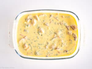 Egg mixture poured into casserole dish.