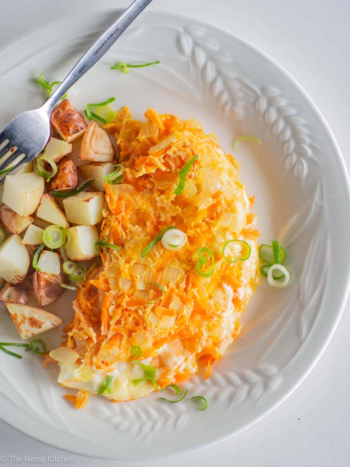 Breakfast foods on a plate.