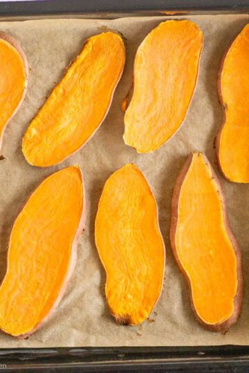Sweet potato toasts on a sheet pan.