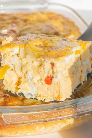 Breakfast casserole on a spatula.