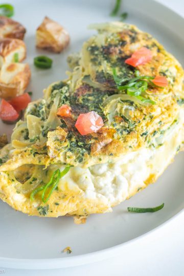 Omelet and potatoes on a plate.