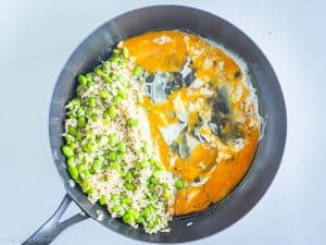 Eggs and rice in a pan.