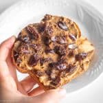 Almond butter toast in hand.