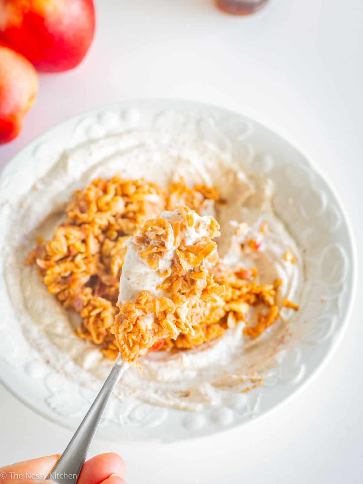Apple yogurt bowl with spoon.