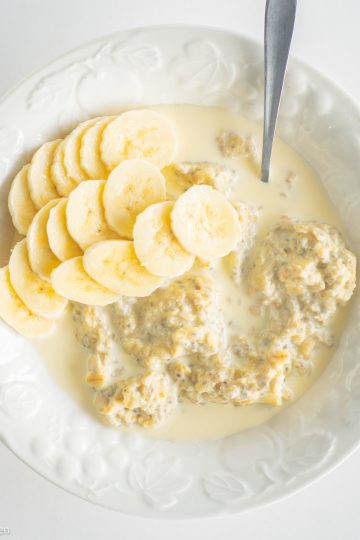 Banana cream oatmeal in a bowl.