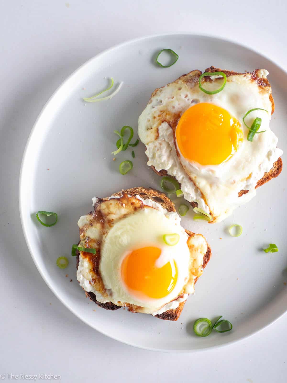 Cottage cheese with egg toasts on plate.