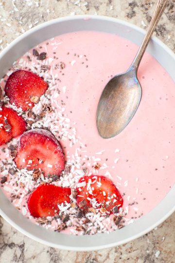 Strawberry Smoothie in a Bowl on the Counter.