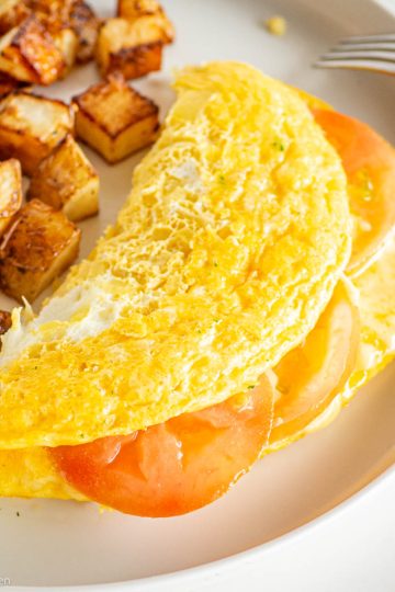 Omelet with hashbrowns on a plate.