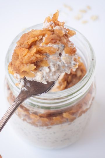 Apple pie oatmeal on a spoon.