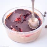 Strawberry oatmeal with chocolate topping.