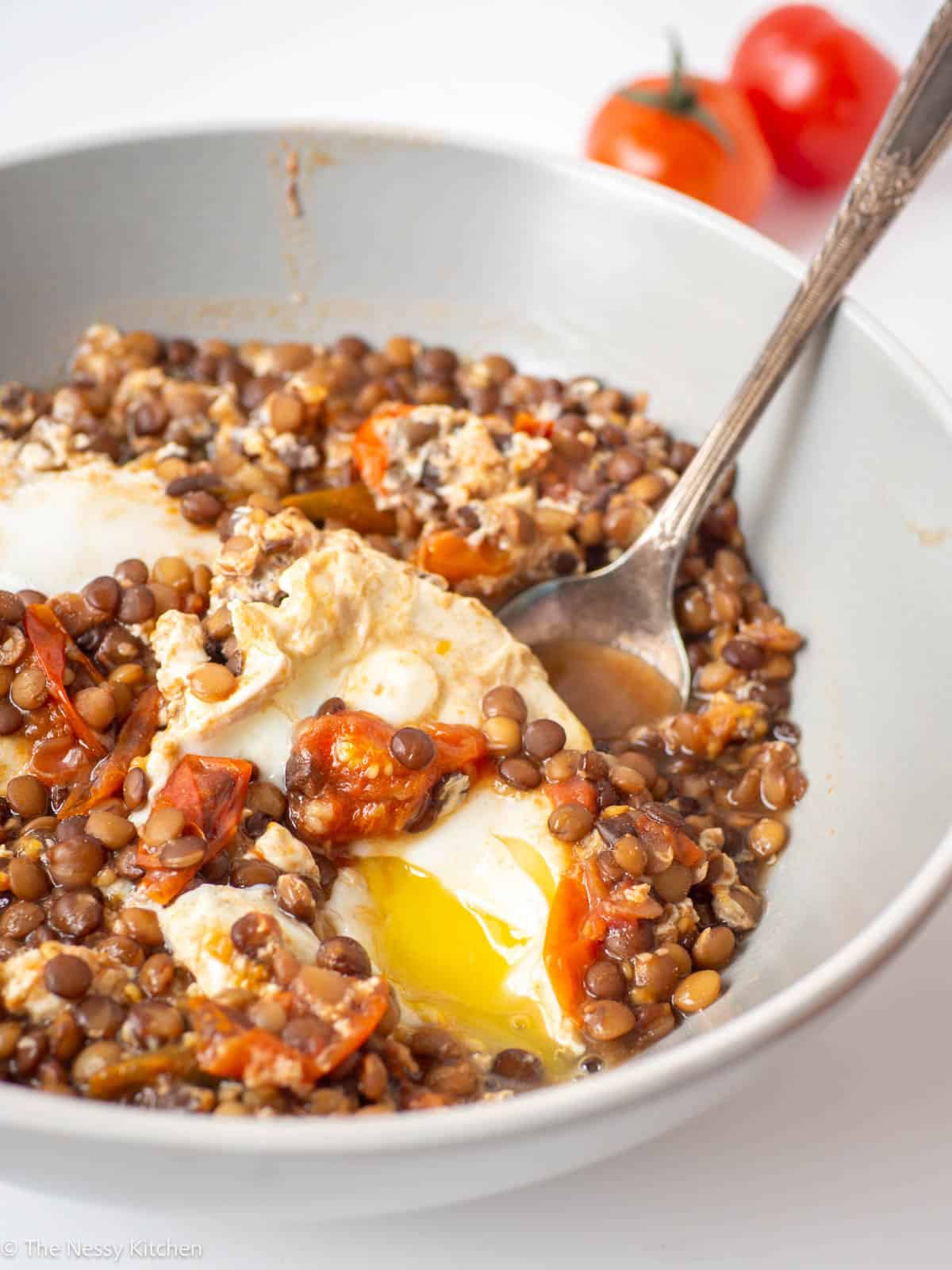 Runny egg yolk in a bowl of lentils.