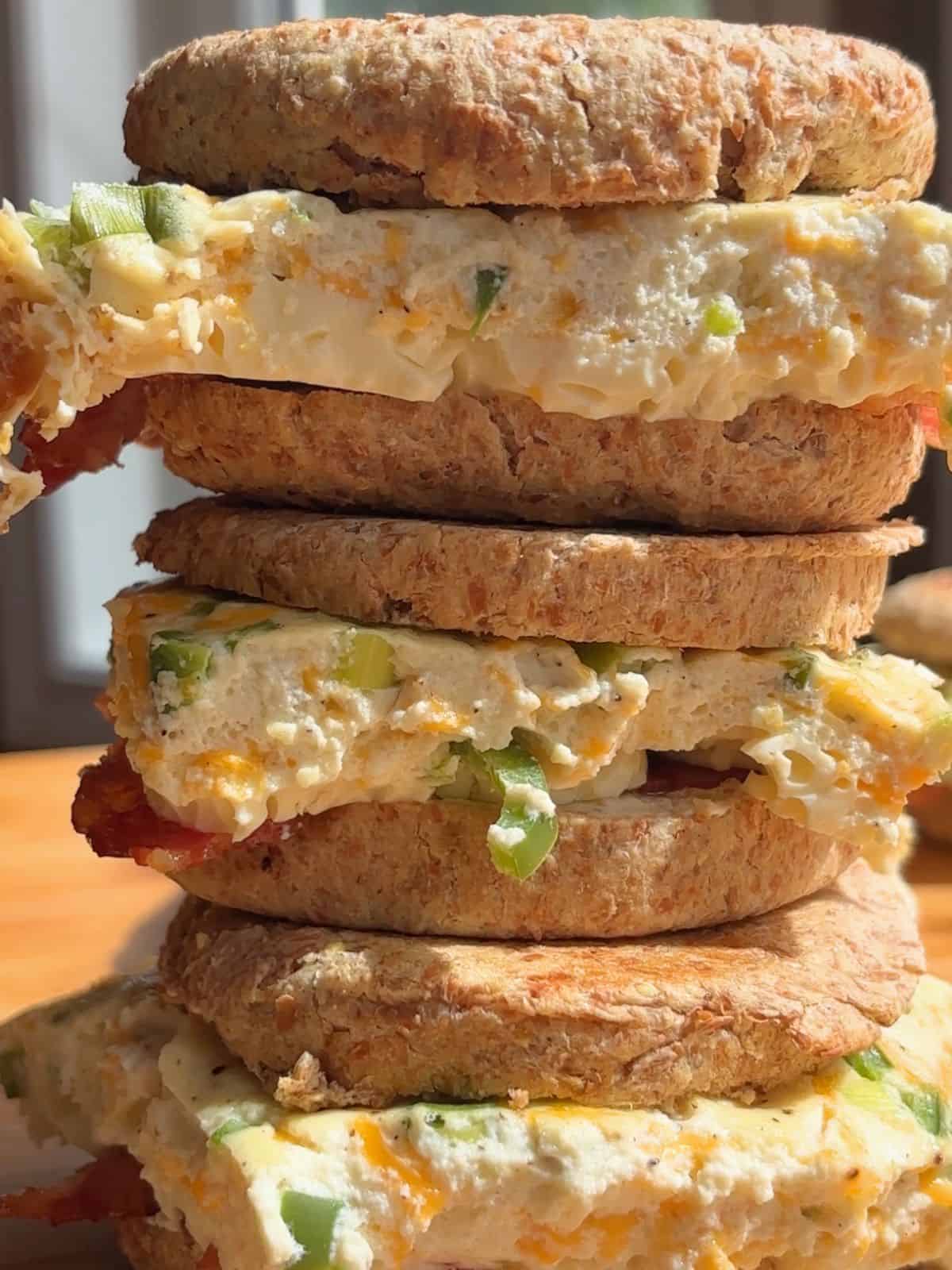 Stack of breakfast sandwiches on a countertop.