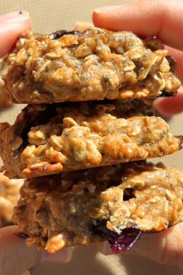 Hands holding a stack of cookies.