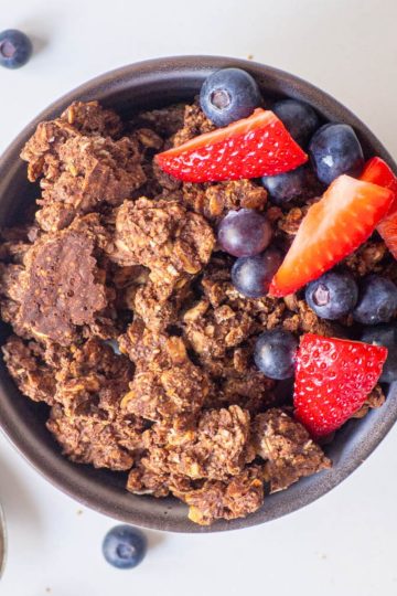 Chocolate and peanut butter granola in a bowl with mixed berries.